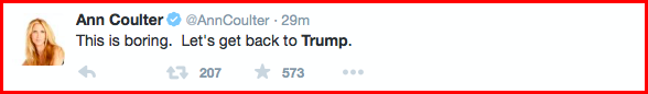 Ann Coulter, a political commentator and writer, tweets about Trumps performance during the Oct. 28 Republican debate.