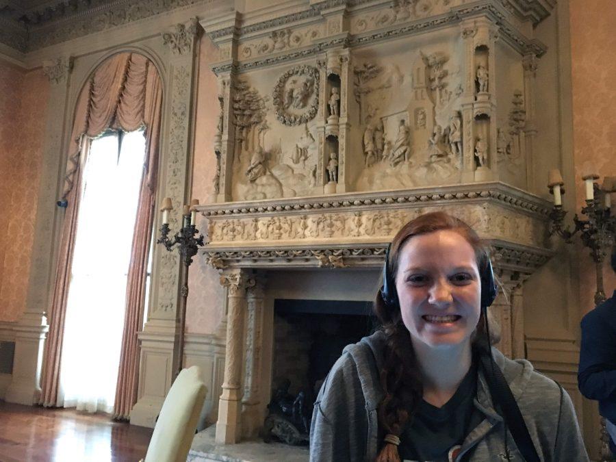 Hannah Carlisle inside the Gatsby Mansion doing the audio tour.