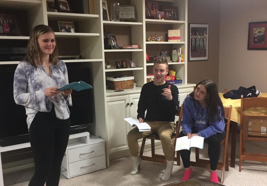 From left to right: sophomore Katie Luciano, senior Sam Novak and junior Madison Chaitoff rehearse together for One Acts.