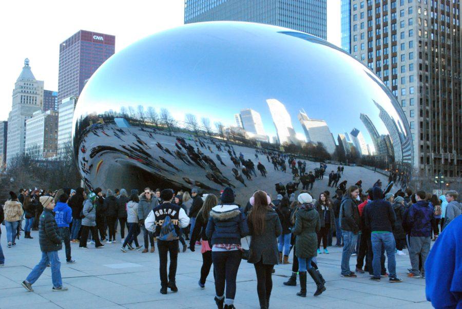 The Cloud Gate in Millennium Park, a large Chicago attraction.