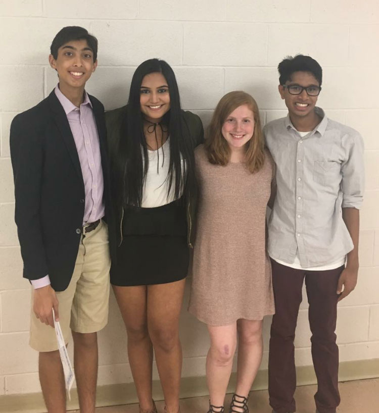 (From left) Speech and Debate president Vinay Bodapati, public relations officer Anamika Gautam, secretary Rachel Rothschild, and vice president Adesh Labhasetwar. The Speech and Debate team is preparing for a state championship run.
