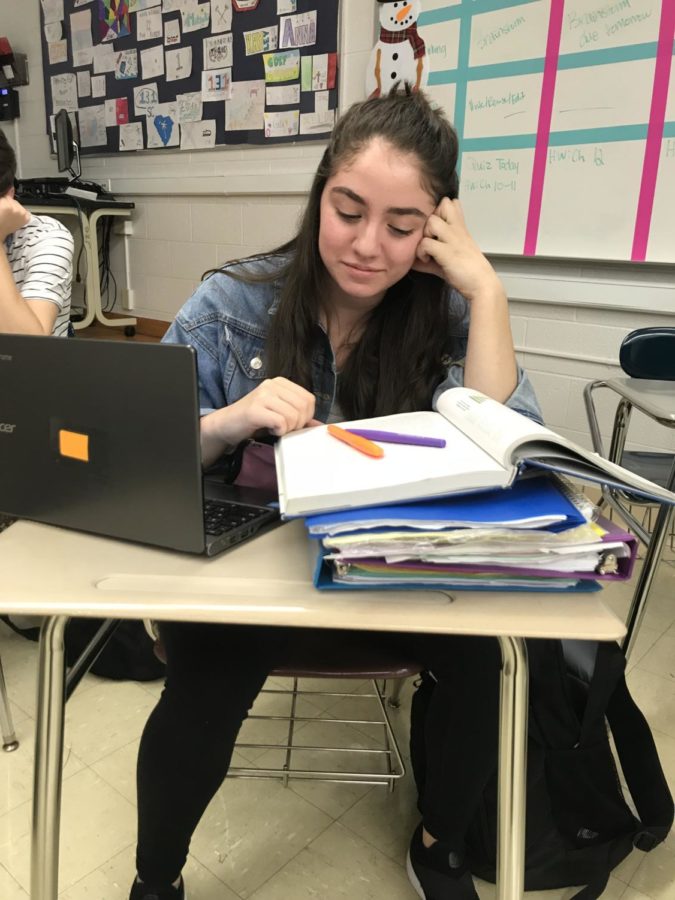 Rebecca Lockman stressing over her upcoming medterms. Photo taken by Danielle Parran.