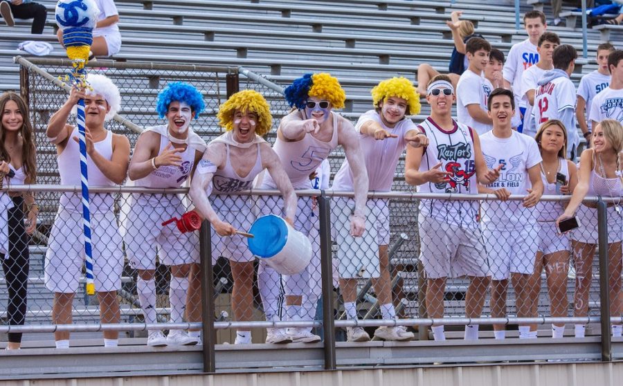 The 2019 Spirit Boys cheering on the Comets at a home football game. Courtesy of Doug Wolfe