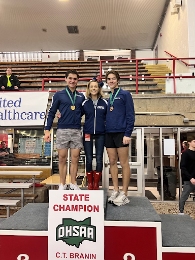 From left to right, diver Dominic Roberto, Diving Coach Taylor Epstein and diver Mitchell Caldwell  at the OHSAA state championship. Photo   courtesy of Dominic Roberto.