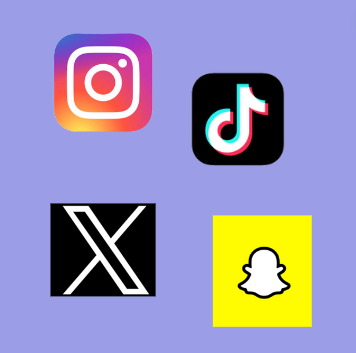 Popular social media apps logos (Tik Tok, Instagram, X, and Snapchat)