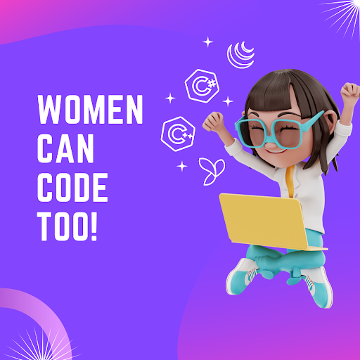 Female scientist jumping up and down next to text stating that women can code.