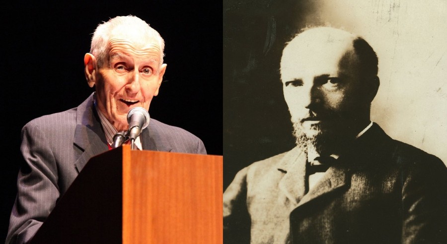 Left: Dr. Jack Kevorkian speaking to the UCLA Armenian Students' Association and the Armenian American Medical Society of California in UCLA Royce Hall Auditorium (Photo: Gevorg Gevorgyan) Right: Felix Adler, circa 1913, the first prominent American to argue for permitting suicide in cases of chronic illness. (Photo: Lewis Wickes Hine)