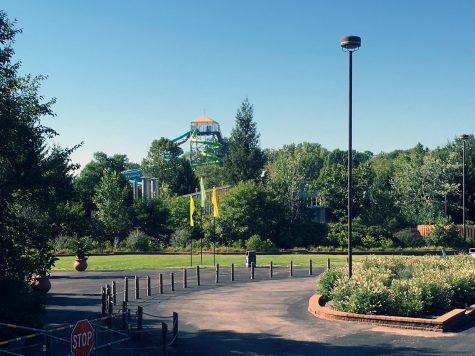 The view of Wildwater Kingdom's water slides: Thunder Falls. 