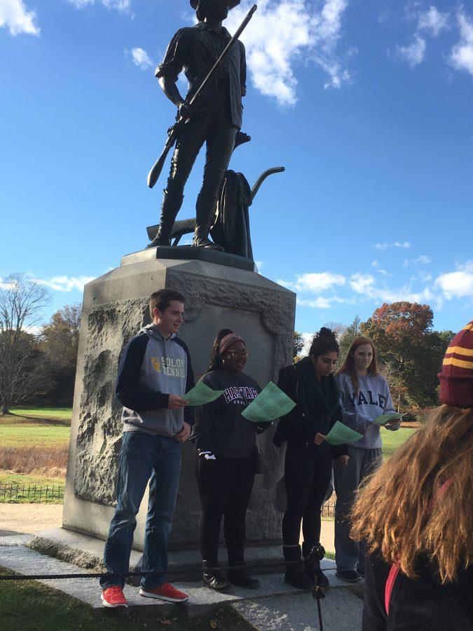 Students reading out loud a poem about Paul Revere. Pictured from left to right: Jake Novack, Sydnie Singleton, Taleen Avitsian and Hannah Carlisle.