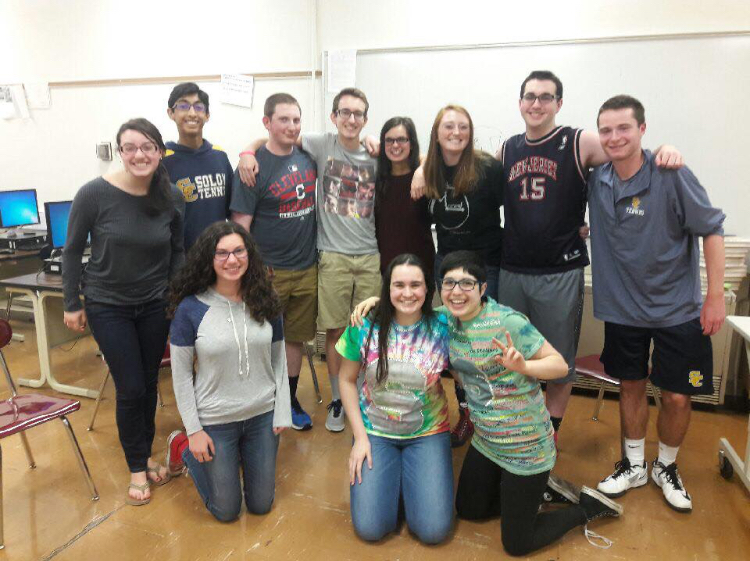 The 2016-2017 Courier staff. From left, kneeling: Lila Gill, Meredith Maiorana, Hannah Edelman. From left, standing: Maya Duplik, Vinay Bodapati, David Kalk, Chad Spurio, Christina Cartwright, Madison McGirr, Edward Melsher, Jake Novack.