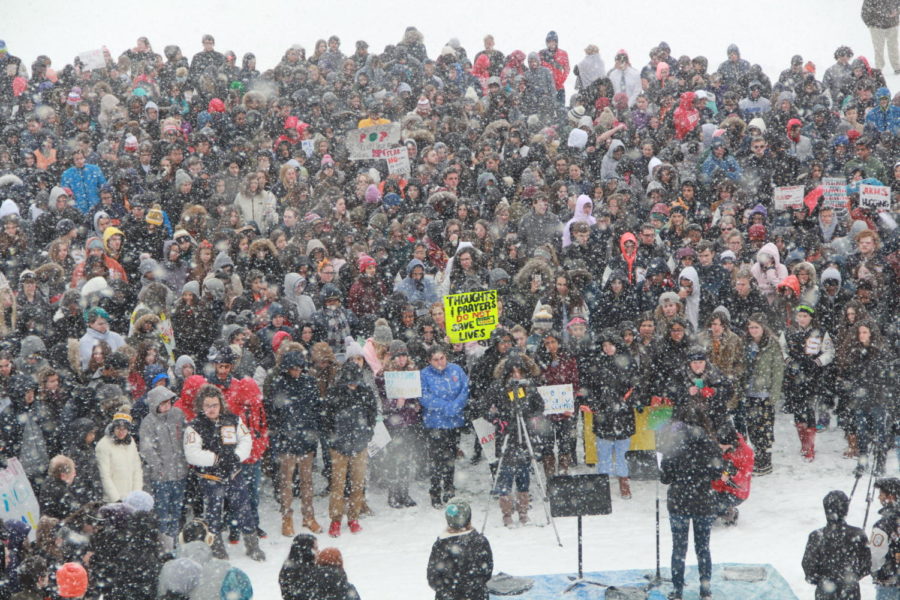 SHS students and faculty walked out of school and gathered on Stewart Field. Picture courtesy of Rishi Narahari.