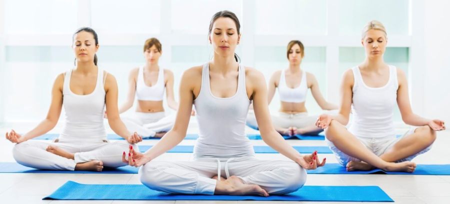 Meditation shown during yoga. Photo Credit: https://yogatrade.com/event/200-hour-hatha-yoga-teacher-training-course-in-rishikesh-india/