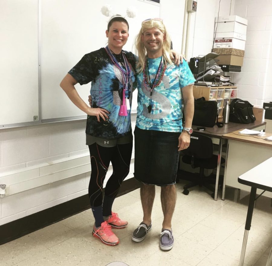 Sarah Burgess (left) with Damien Kopkas (right) dressed as senior students on Halloween.