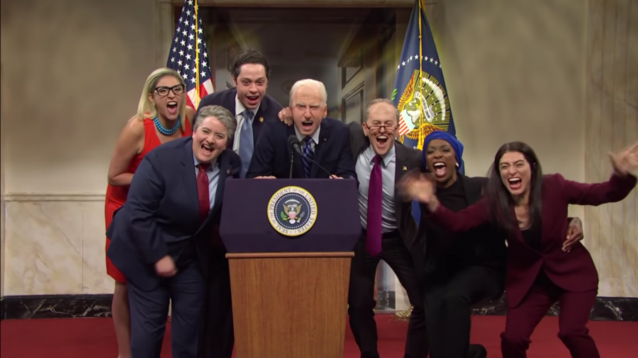 Cecily Strong, Aidy Bryant, Pete Davidson, James Austin Johnson, Alex Moffat, Ego Nwodim and Melissa Villaseñor during the Biden Unites Democrats Cold Open.