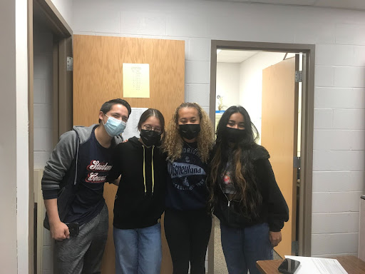 Morning announcements team members (from left) Robertson Walker, Mira Atwah, Melanie Mauldin, and Anshika Bhardwaj before getting on the PA.