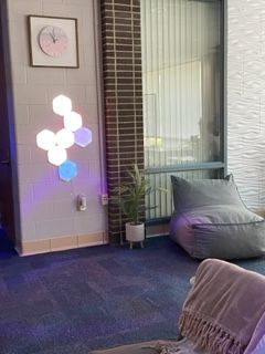 A chair and a plant in the back section of the media wellness center.