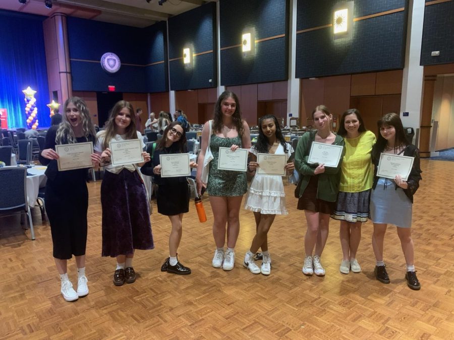 From left to right: Angeli Thompson, Sasha Zahler, Emma Wellman, Grainne Crawmer, Kassidy Samuelraj, Mia Ray, Maggie Locke and Hannah Levenson at the OSMA Awards Banquet.