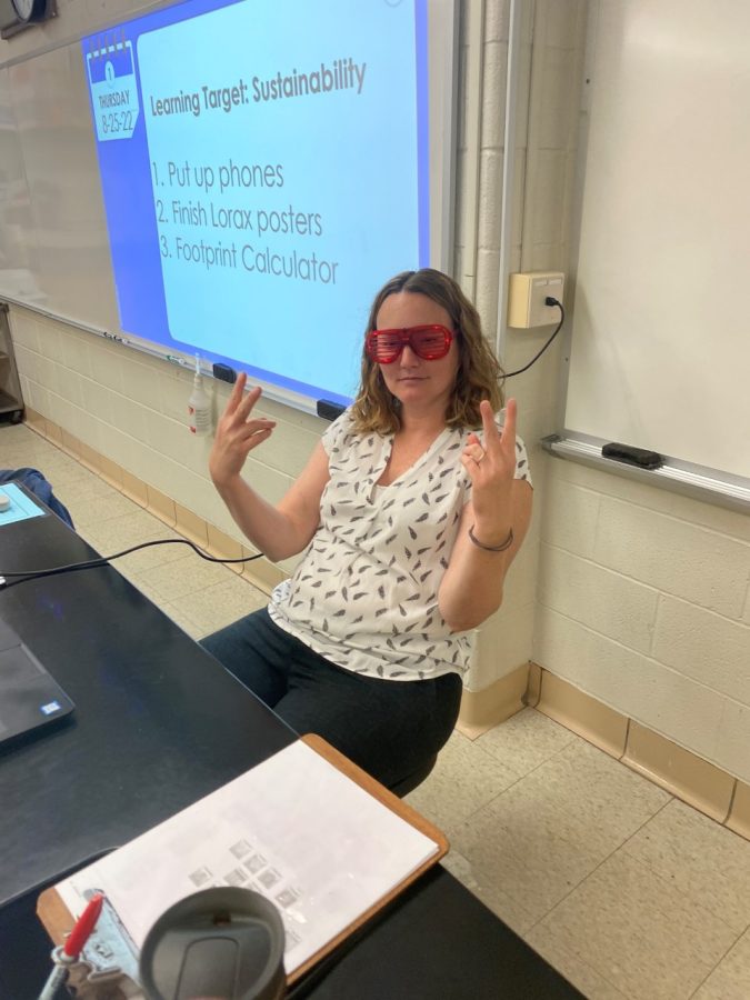 Crystal Cespedes joking around in her classroom. 