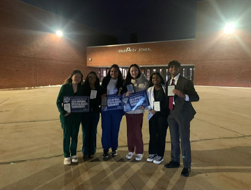 2024 National Qualifiers, from left to right, Josie Liao, Maya  Nayar, Anoushka Dubey, Mandi Lu, Ahalya Pandian and Sairam Pantham (Not pictured: Mallory Kavanagh, Kira Zakem, Max Zukerman, Adhithya Balamurugan) photo courtesy of their Instagram @solonspeech.
