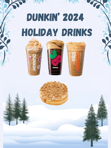 Graphic design by Lila Miller. Holiday drinks pictured (listed left to right): Toasted White Chocolate Signature Latte, Cookie Butter Cold Brew and The Spiced Cookie Iced Coffee, along with The Cookie Butter Donut.
