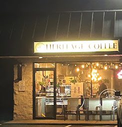 The front of Heritage Coffee on an early morning. This coffee shop has a cozy, inviting atmosphere. 