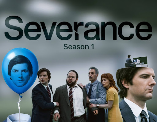 Pictured from left to right, Adam Scott as Mark Scout, Zach Cherry as Dylan George, John Turturro as Irving Bailiff and Britt Lower as Helly Riggs/Helena Eagan, from the Apple TV+ psychological thrilling show, "Severance." Graphic created by Alysse Martin. 