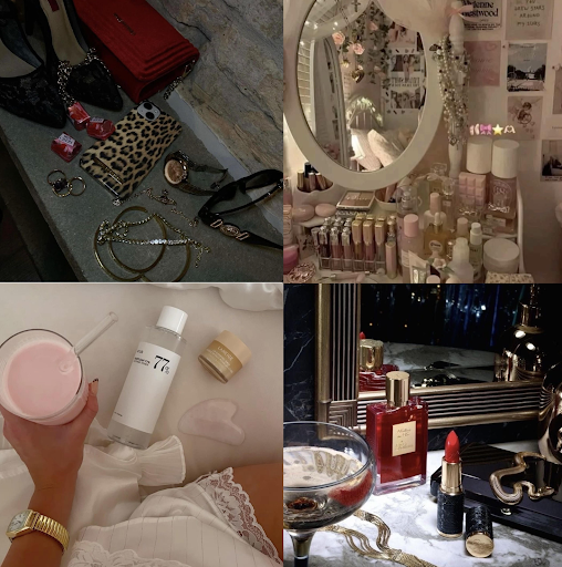 Aesthetics often include images of meticulously random collections of objects that represent the aesthetic, and the appearance of the objects usually matters more than the genuine usage of the objects by the owner. (Images in collage found on Pinterest)
