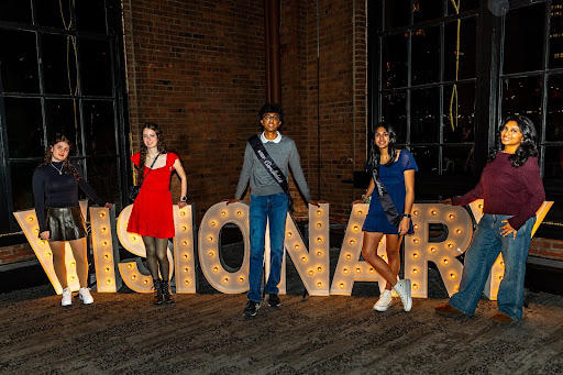 Image from the Student Visionaries grand finale event featuring Samantha Friedland, Kathryn Haaga, Srinesh Nandhakumar, Anvita Gandhi and Medha Gantala. Photo taken by Melissa Creamer. 