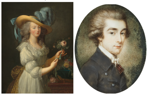 Marie Antoinette, painted by an anonymous artist, can be found in the National Gallery of Art. The painting of Axel von Fersen the Younger was painted by an unknown British artist and is hanging in the National Museum. These two historical figures are main characters in the movie. Both paintings are public domain. 