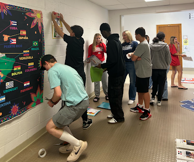 Members of Spanish Culture Club decorating the school hallways on Sept. 12 in preparation for Hispanic Heritage Month. 