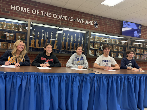 From left to right, Sophia Ryan, Camryn Cayne, Jordan Levenhagen, Mitchell Caldwell and Brayden Huth preparing to sign their National Letter of Intent. 